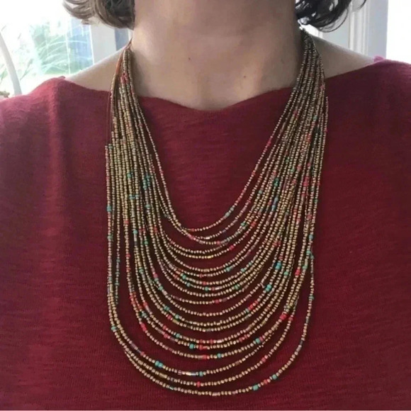 Pretty Handmade Ethnic Style Gold Multi Layer Seed Bead Necklace NWT - Picture 1 of 3